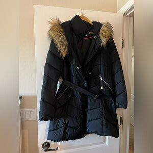 RACHEL Rachel Roy Black Puffer Jacket with Faux Fur Trim